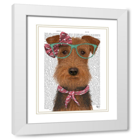 Airedale with Glasses and Scarf White Modern Wood Framed Art Print with Double Matting by Fab Funky