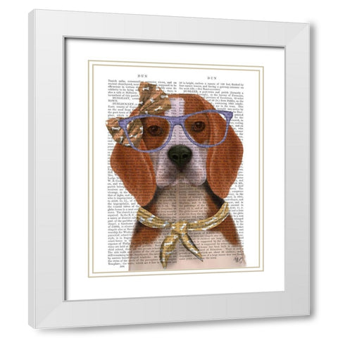 Beagle with Glasses and Scarf White Modern Wood Framed Art Print with Double Matting by Fab Funky