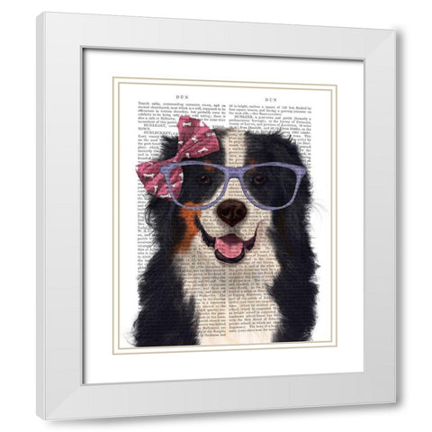Bernese with Glasses and Bow White Modern Wood Framed Art Print with Double Matting by Fab Funky