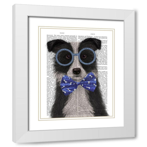 Border Collie, Black and White, with Glasses and Bow Tie White Modern Wood Framed Art Print with Double Matting by Fab Funky