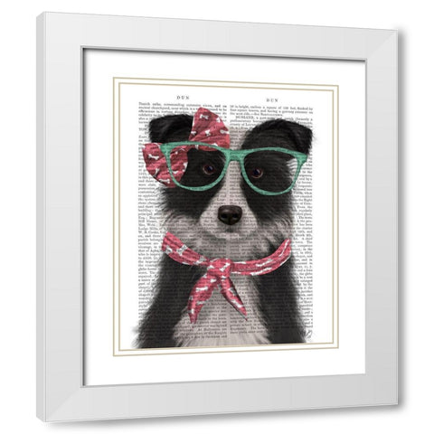 Border Collie, Black and White, with Glasses and Scarf White Modern Wood Framed Art Print with Double Matting by Fab Funky