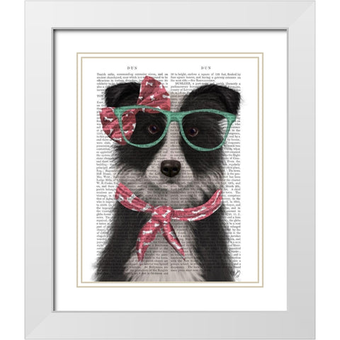 Border Collie, Black and White, with Glasses and Scarf White Modern Wood Framed Art Print with Double Matting by Fab Funky
