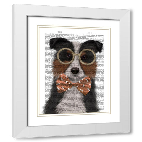 Border Collie, Tricolour, with Glasses and Bow Tie White Modern Wood Framed Art Print with Double Matting by Fab Funky