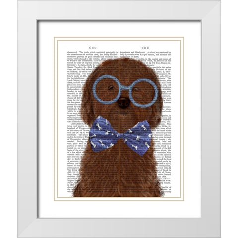 Cockerpoo, Chocolate, with Glasses and Bow Tie White Modern Wood Framed Art Print with Double Matting by Fab Funky