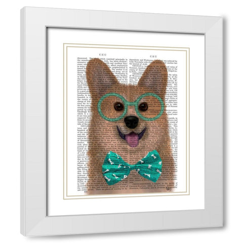 Corgi with Glasses and Bow Tie White Modern Wood Framed Art Print with Double Matting by Fab Funky