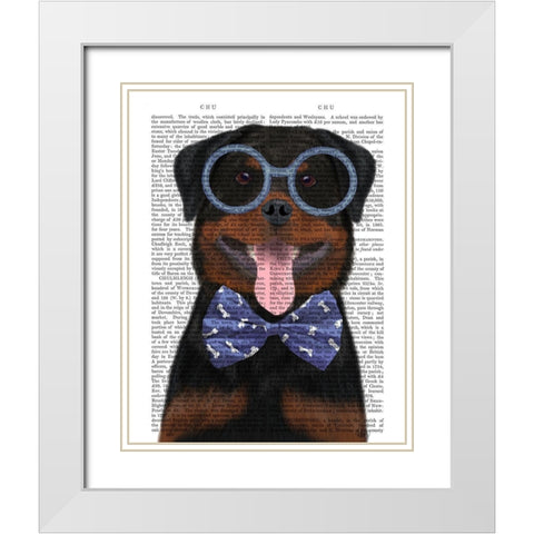Rottweiler with Glasses and Bow Tie White Modern Wood Framed Art Print with Double Matting by Fab Funky