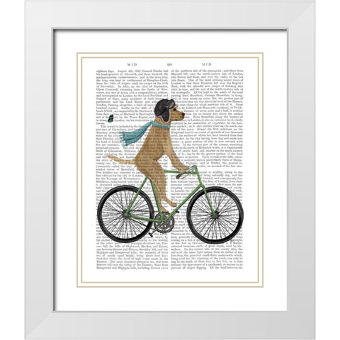 Yellow Labrador in Flying Helmet on Bicycle White Modern Wood Framed Art Print with Double Matting by Fab Funky