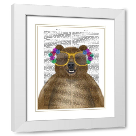 Bear and Flower Glasses White Modern Wood Framed Art Print with Double Matting by Fab Funky
