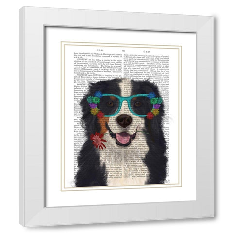 Bernese and Flower Glasses White Modern Wood Framed Art Print with Double Matting by Fab Funky