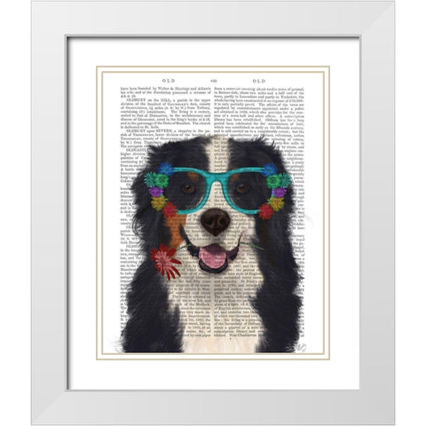 Bernese and Flower Glasses White Modern Wood Framed Art Print with Double Matting by Fab Funky