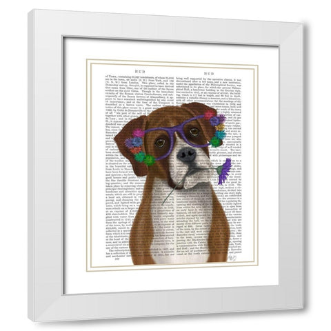 Boxer and Flower Glasses White Modern Wood Framed Art Print with Double Matting by Fab Funky