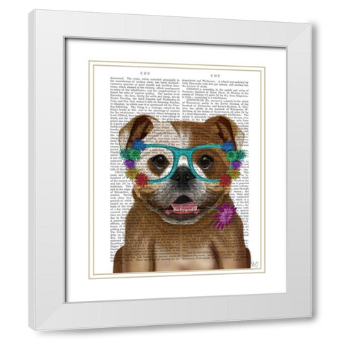 English Bulldog and Flower Glasses White Modern Wood Framed Art Print with Double Matting by Fab Funky