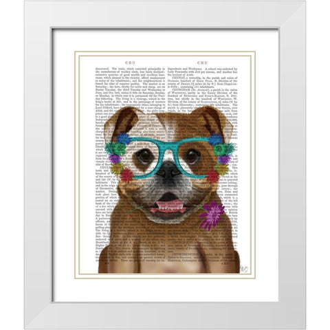 English Bulldog and Flower Glasses White Modern Wood Framed Art Print with Double Matting by Fab Funky