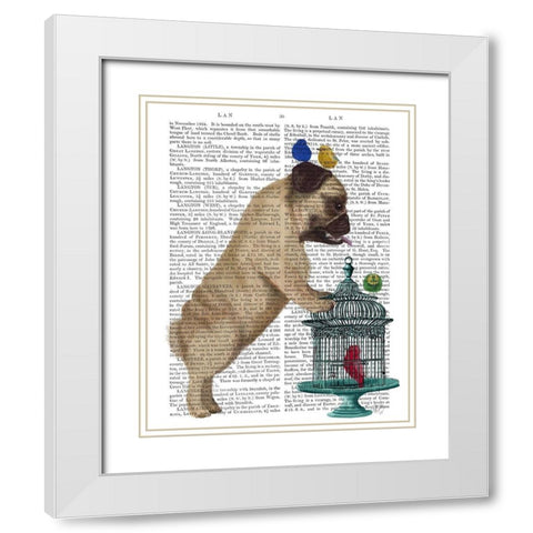 Pug and Birdcage White Modern Wood Framed Art Print with Double Matting by Fab Funky