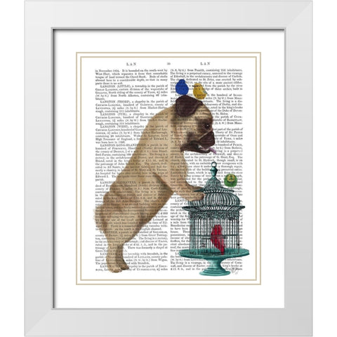 Pug and Birdcage White Modern Wood Framed Art Print with Double Matting by Fab Funky