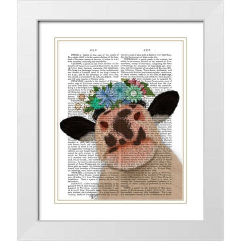 Cow with Flower Crown 2 Book Print White Modern Wood Framed Art Print with Double Matting by Fab Funky