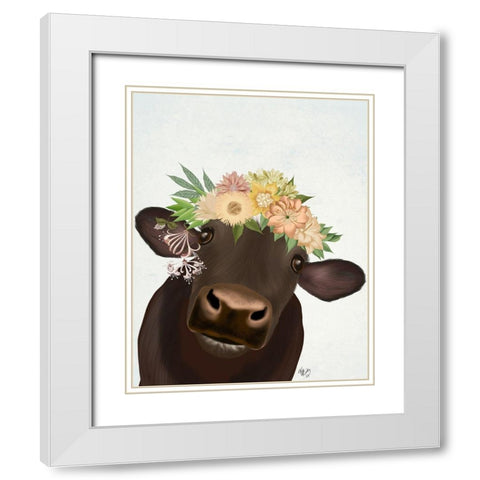 Cow with Flower Crown 1 White Modern Wood Framed Art Print with Double Matting by Fab Funky