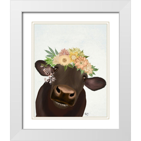Cow with Flower Crown 1 White Modern Wood Framed Art Print with Double Matting by Fab Funky