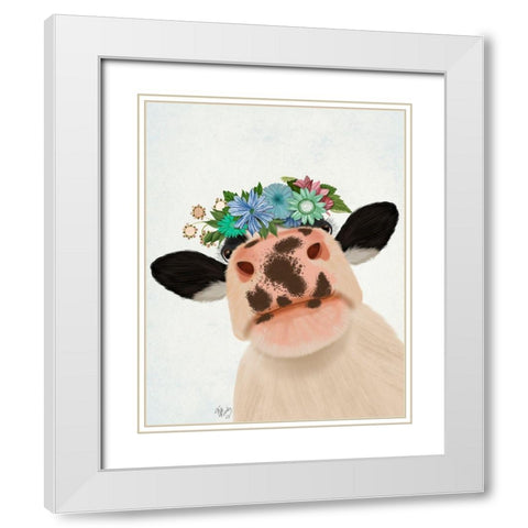 Cow with Flower Crown 1 White Modern Wood Framed Art Print with Double Matting by Fab Funky