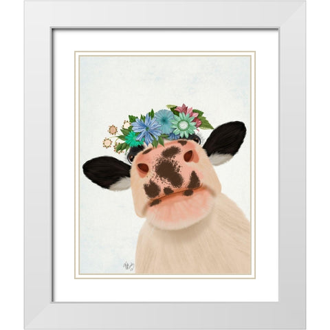 Cow with Flower Crown 1 White Modern Wood Framed Art Print with Double Matting by Fab Funky