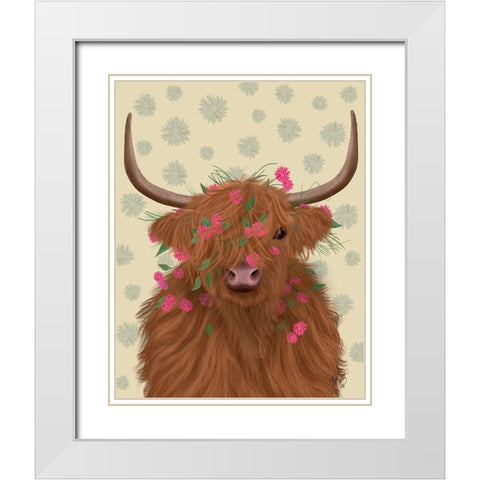 Highland Cow 1, Pink Flowers White Modern Wood Framed Art Print with Double Matting by Fab Funky