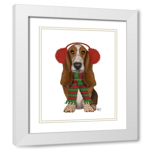 Christmas Des - Basset Hound and Ear Muffs White Modern Wood Framed Art Print with Double Matting by Fab Funky