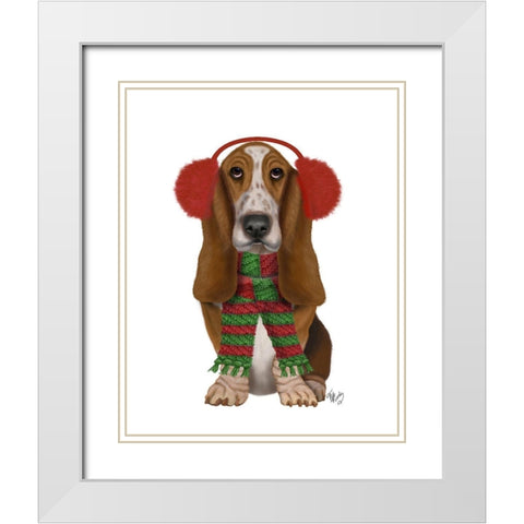 Christmas Des - Basset Hound and Ear Muffs White Modern Wood Framed Art Print with Double Matting by Fab Funky