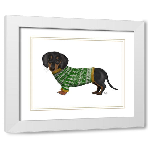 Christmas Des - Dachshund and Christmas Sweater White Modern Wood Framed Art Print with Double Matting by Fab Funky