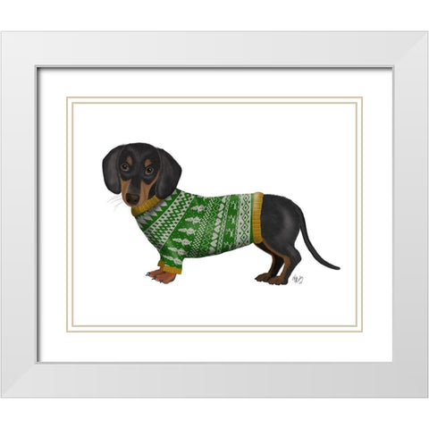 Christmas Des - Dachshund and Christmas Sweater White Modern Wood Framed Art Print with Double Matting by Fab Funky