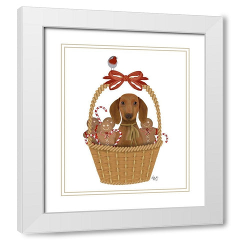Christmas Des - Dog in Basket with Gingerbread Men White Modern Wood Framed Art Print with Double Matting by Fab Funky