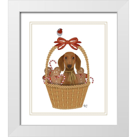 Christmas Des - Dog in Basket with Gingerbread Men White Modern Wood Framed Art Print with Double Matting by Fab Funky