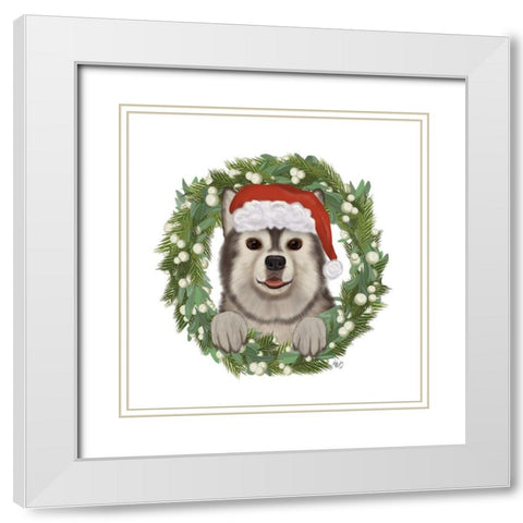 Christmas Des - Husky Wreath White Modern Wood Framed Art Print with Double Matting by Fab Funky
