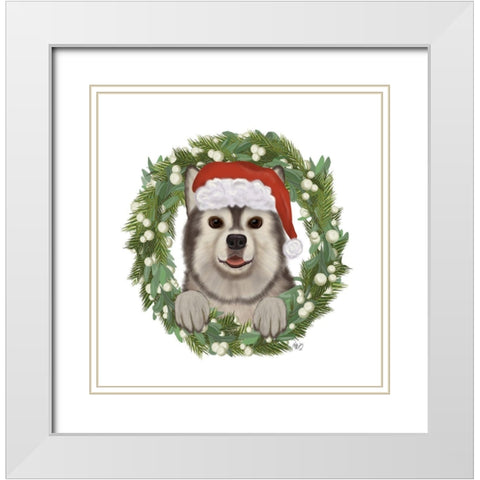 Christmas Des - Husky Wreath White Modern Wood Framed Art Print with Double Matting by Fab Funky