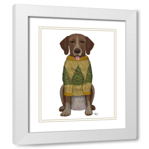 Christmas Des - Mutt in Yellow Christmas Sweater White Modern Wood Framed Art Print with Double Matting by Fab Funky