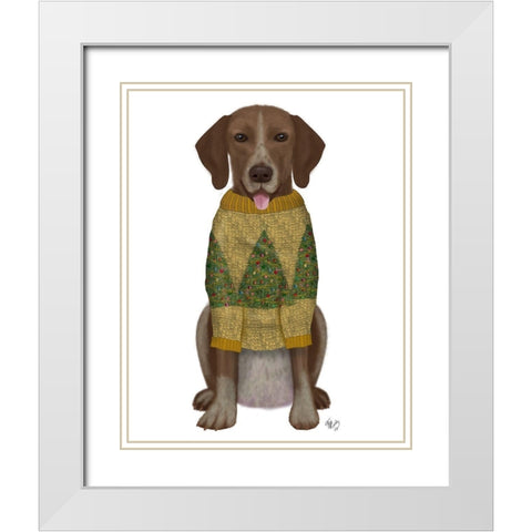 Christmas Des - Mutt in Yellow Christmas Sweater White Modern Wood Framed Art Print with Double Matting by Fab Funky