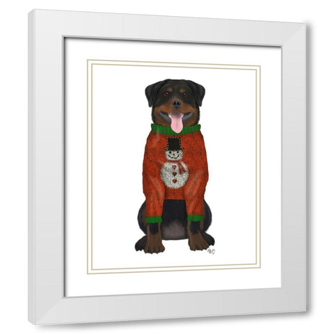 Christmas Des - Rottweiler in Christmas Sweater White Modern Wood Framed Art Print with Double Matting by Fab Funky