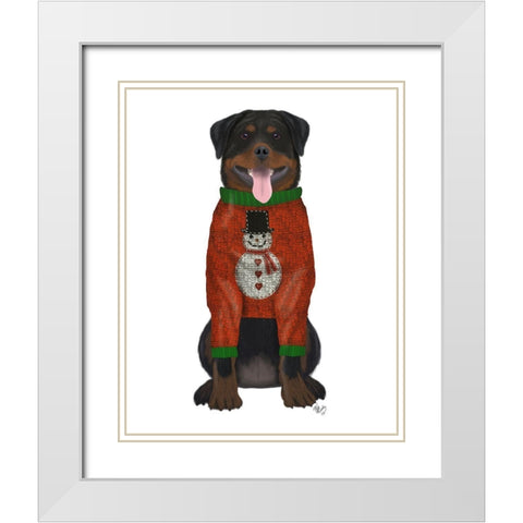Christmas Des - Rottweiler in Christmas Sweater White Modern Wood Framed Art Print with Double Matting by Fab Funky