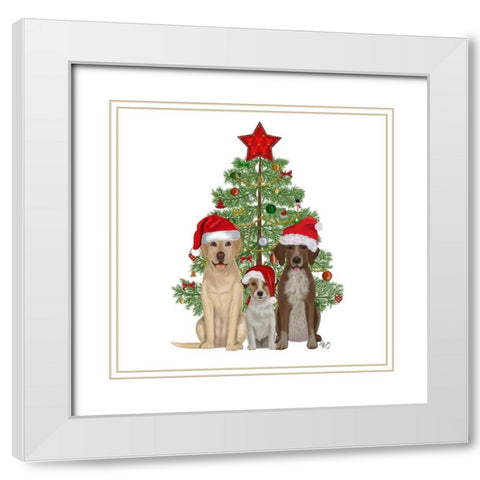 Christmas Des - Dog Trio Christmas Tree White Modern Wood Framed Art Print with Double Matting by Fab Funky