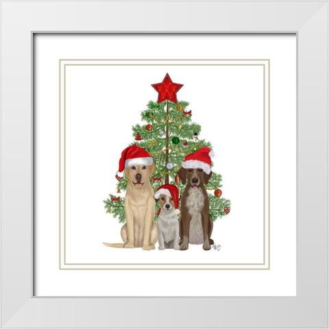 Christmas Des - Dog Trio Christmas Tree White Modern Wood Framed Art Print with Double Matting by Fab Funky