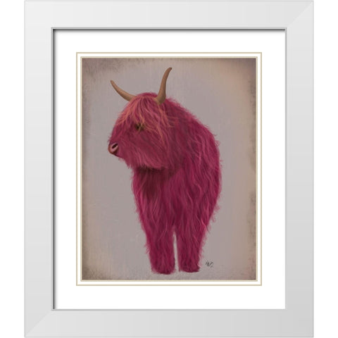 Highland Cow 4, Pink, Full White Modern Wood Framed Art Print with Double Matting by Fab Funky