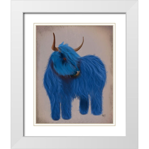 Highland Cow 2, Blue, Full White Modern Wood Framed Art Print with Double Matting by Fab Funky