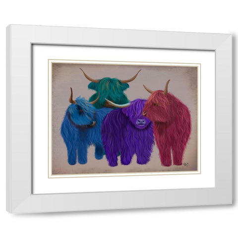Highland Cows, Multicoloured Herd White Modern Wood Framed Art Print with Double Matting by Fab Funky