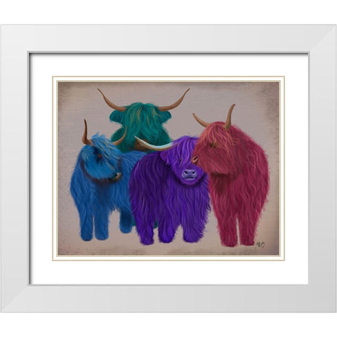 Highland Cows, Multicoloured Herd White Modern Wood Framed Art Print with Double Matting by Fab Funky
