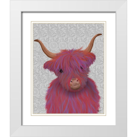 Highland Cow 7, Pink And Purple, Portrait White Modern Wood Framed Art Print with Double Matting by Fab Funky