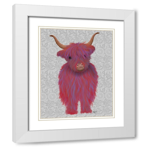 Highland Cow 7, Pink And Purple, Full White Modern Wood Framed Art Print with Double Matting by Fab Funky