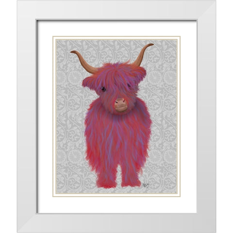 Highland Cow 7, Pink And Purple, Full White Modern Wood Framed Art Print with Double Matting by Fab Funky