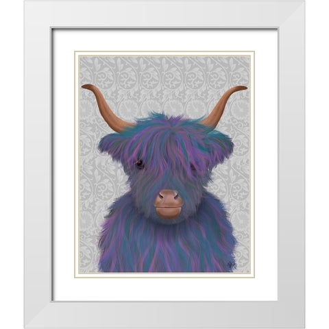 Highland Cow 7, Purple, Portrait White Modern Wood Framed Art Print with Double Matting by Fab Funky