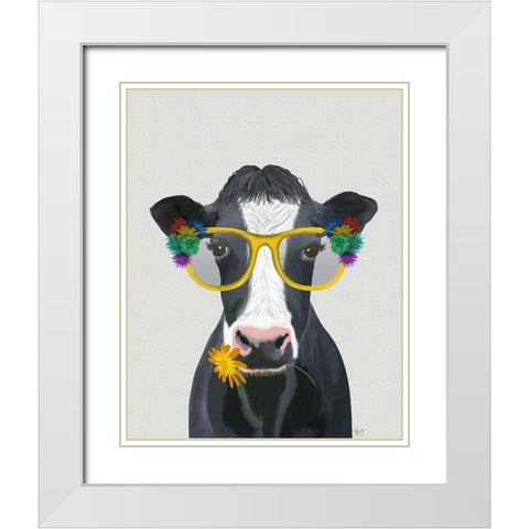Cow and Flower Glasses White Modern Wood Framed Art Print with Double Matting by Fab Funky