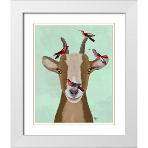Goat and Red Birds White Modern Wood Framed Art Print with Double Matting by Fab Funky