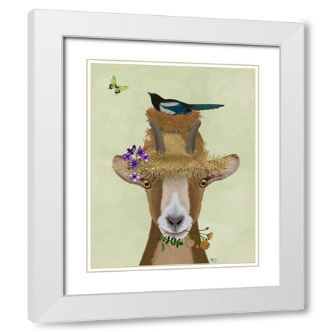 Goat In Straw Hat White Modern Wood Framed Art Print with Double Matting by Fab Funky